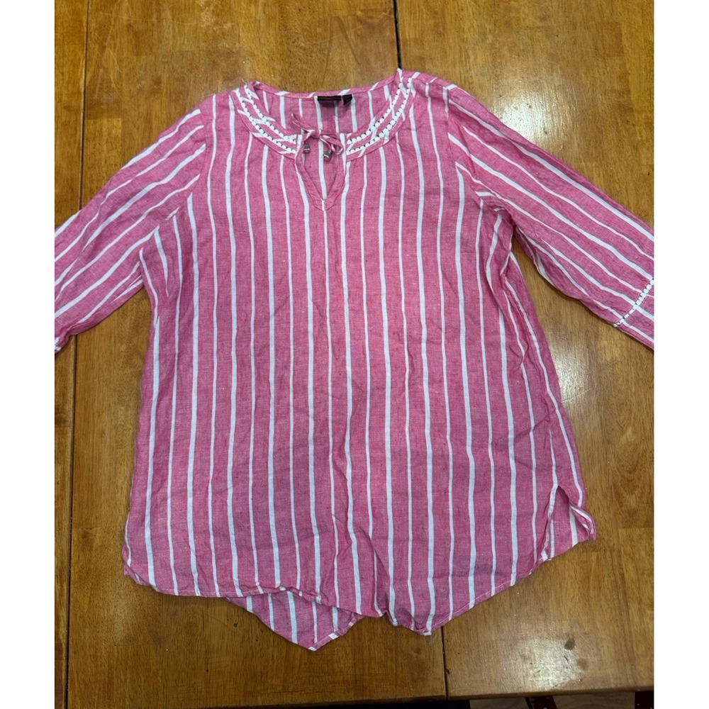 Rafaella 100% Linen Striped Lace Pink White Nautical Coastal Tunic Top Sz Large